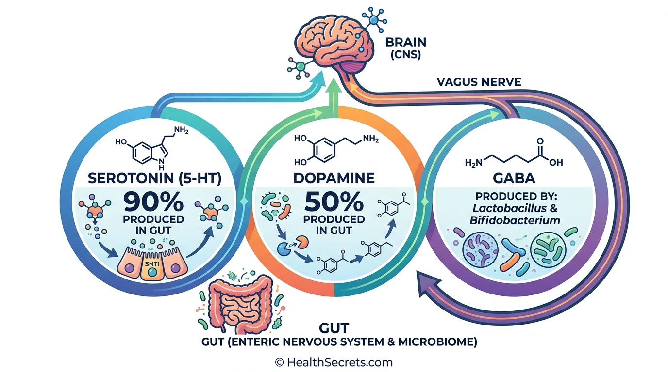 Infographic showing neurotransmitter production in the gut including 90 percent of serotonin, 50 percent of dopamine, and GABA produced by gut bacteria