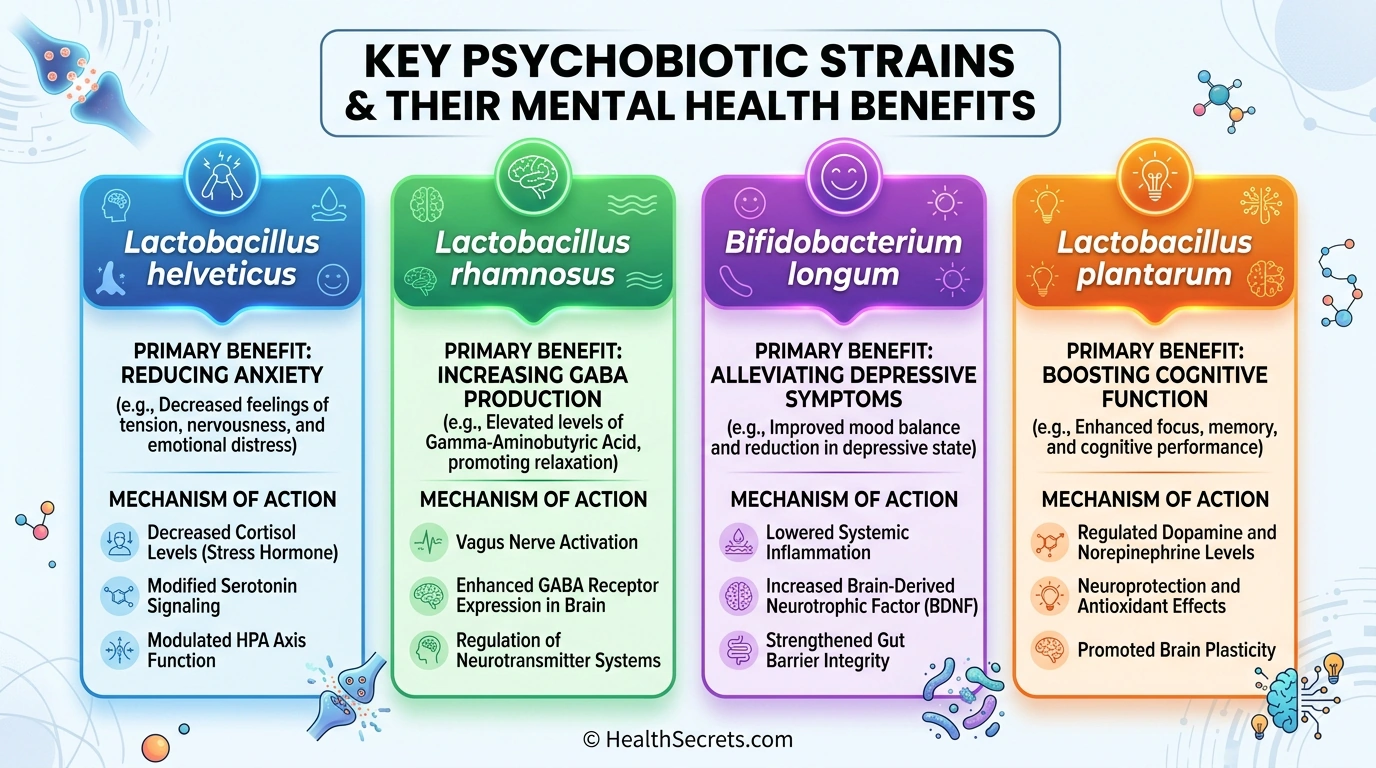 Chart of four key psychobiotic probiotic strains showing their mental health benefits and mechanisms of action for anxiety, depression, and cognition