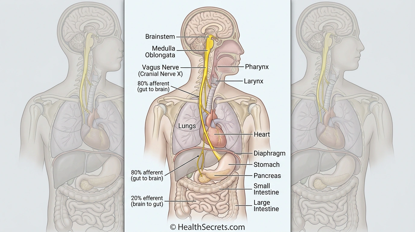 Anatomical illustration of the vagus nerve pathway from brainstem to gastrointestinal tract showing key organs and directional communication percentages