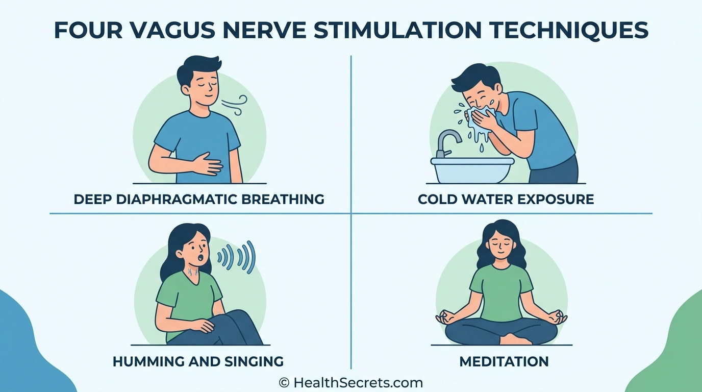 Illustrated guide to four vagus nerve stimulation techniques: deep breathing, cold exposure, humming, and meditation for gut-brain axis support