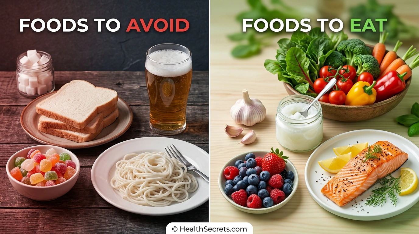 Anti-candida diet food chart showing foods to avoid including sugar and refined carbs versus foods to eat including vegetables, healthy fats, and proteins
