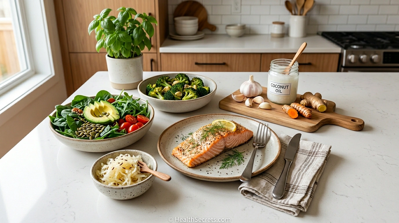 Anti-candida diet meal spread with fresh vegetables, garlic, coconut oil, salmon, and fermented foods for natural candida overgrowth treatment
