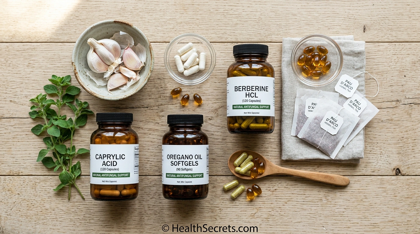 Natural antifungal supplements for candida treatment including caprylic acid, oregano oil, berberine, garlic, and pau d'arco