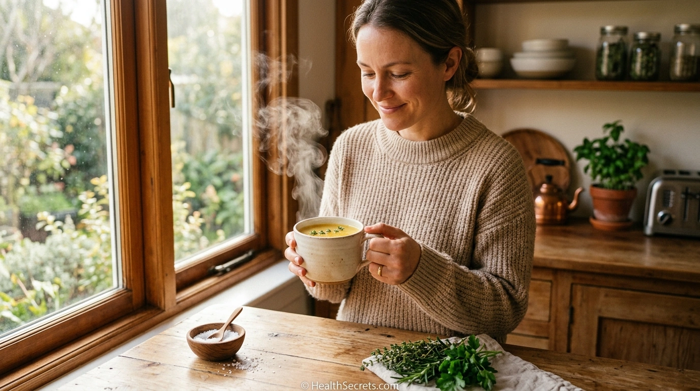 Person drinking warm bone broth from a mug as a morning gut-healing ritual with steam rising and natural lighting