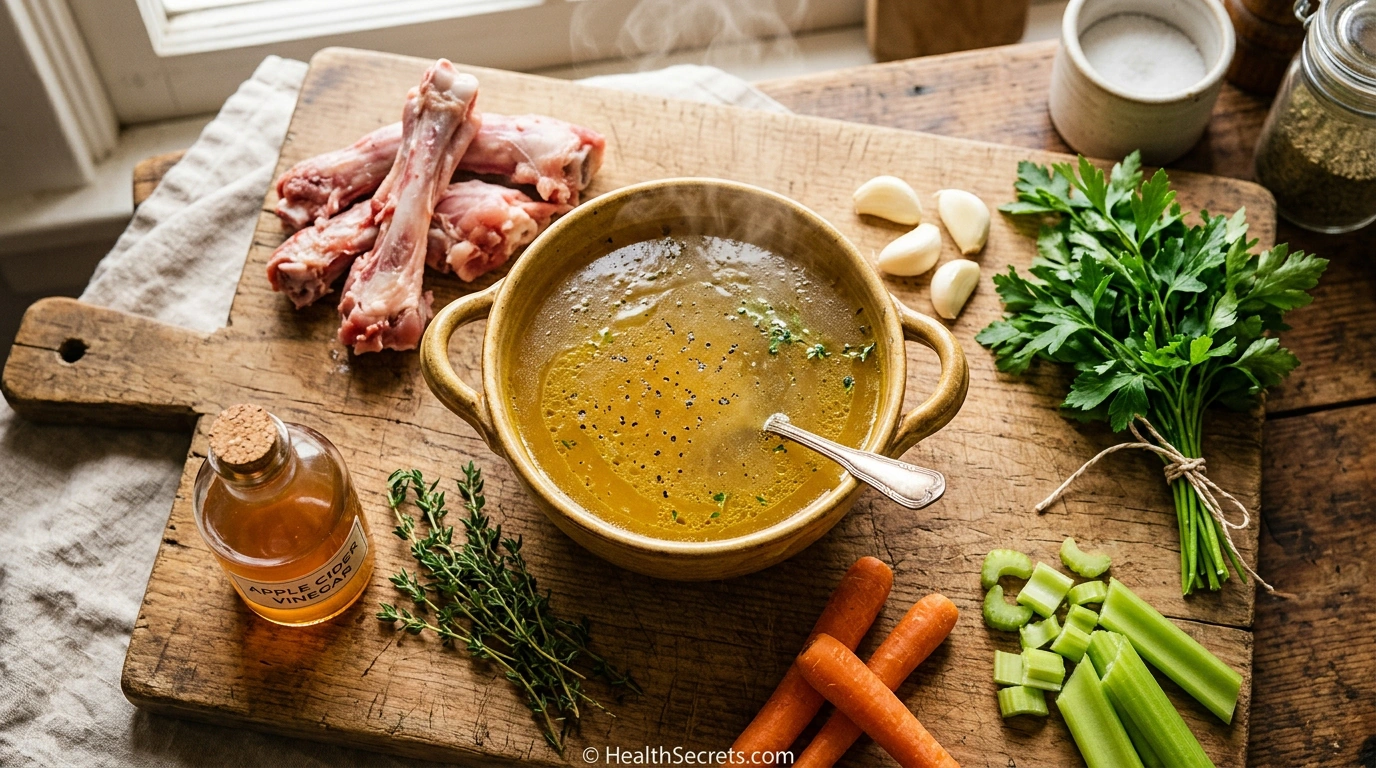 Homemade bone broth for gut health in a ceramic bowl surrounded by fresh bones, vegetables, herbs, and apple cider vinegar