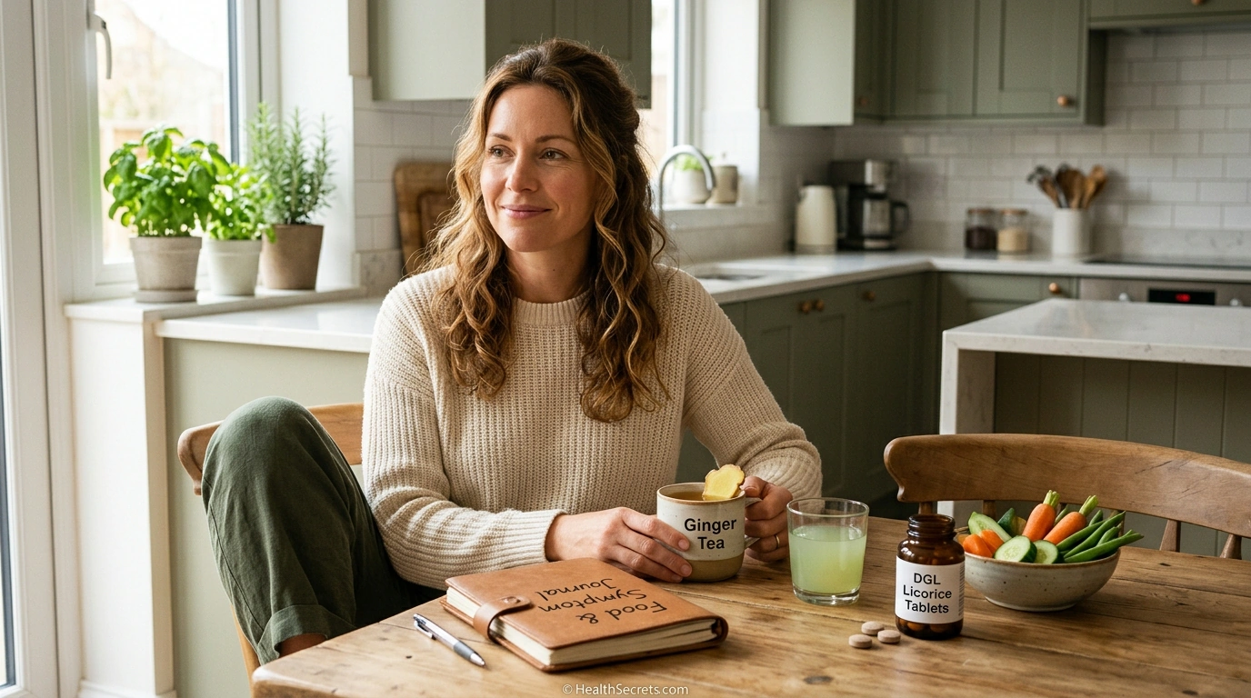 Natural acid reflux remedies including ginger tea, aloe vera juice, DGL licorice, and gut-healing foods arranged on a kitchen table