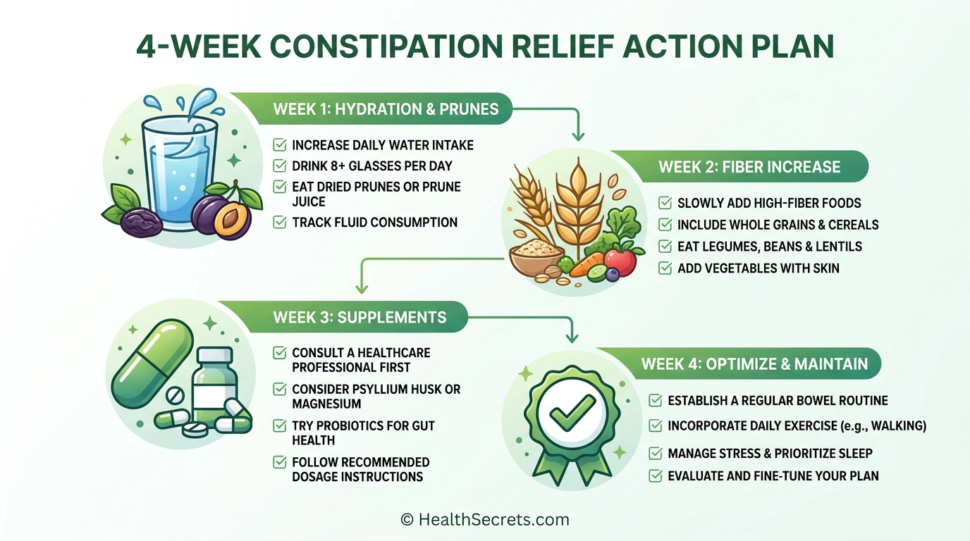 Four-week natural constipation relief action plan showing progressive steps from hydration to supplements