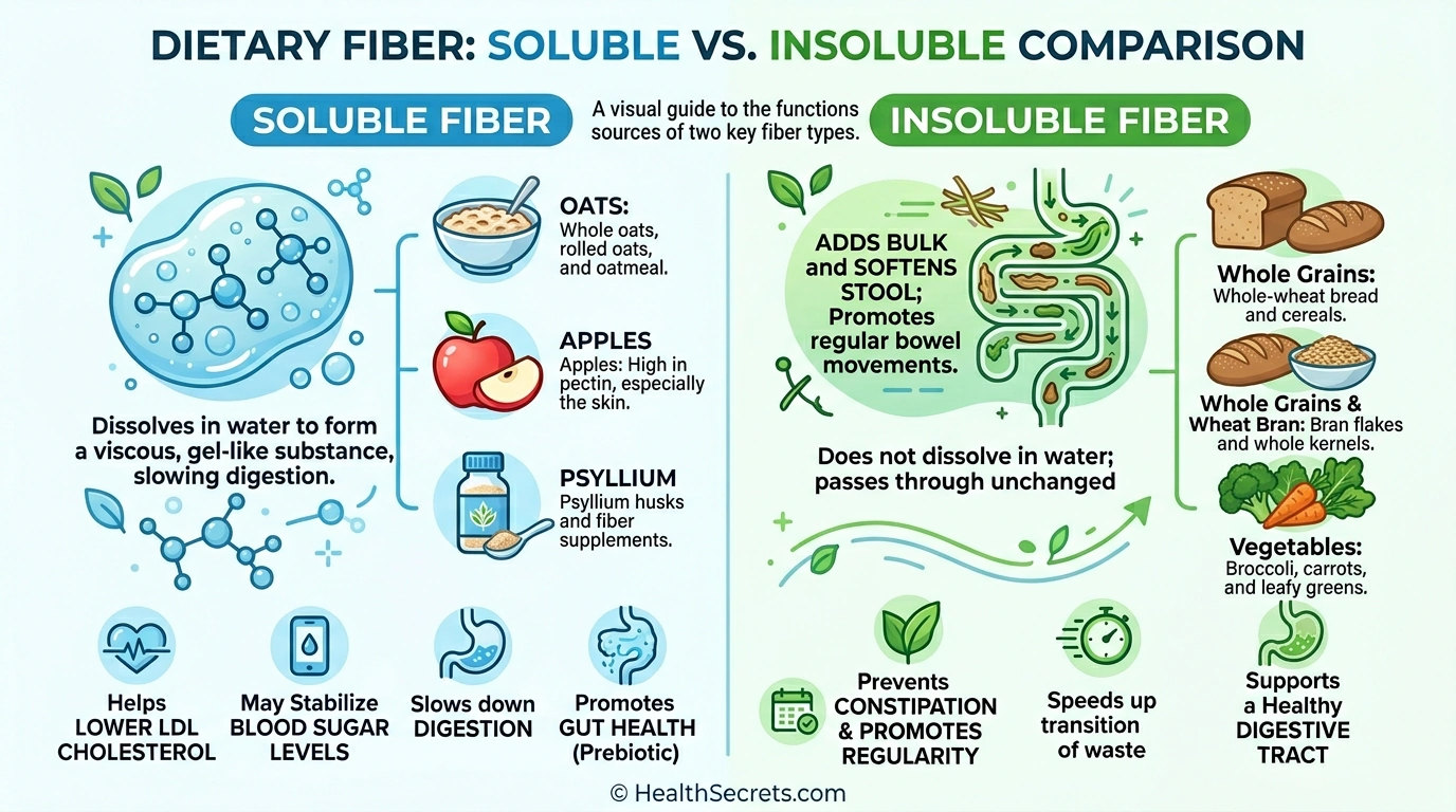 Infographic comparing soluble and insoluble fiber types with food examples and how each type helps constipation