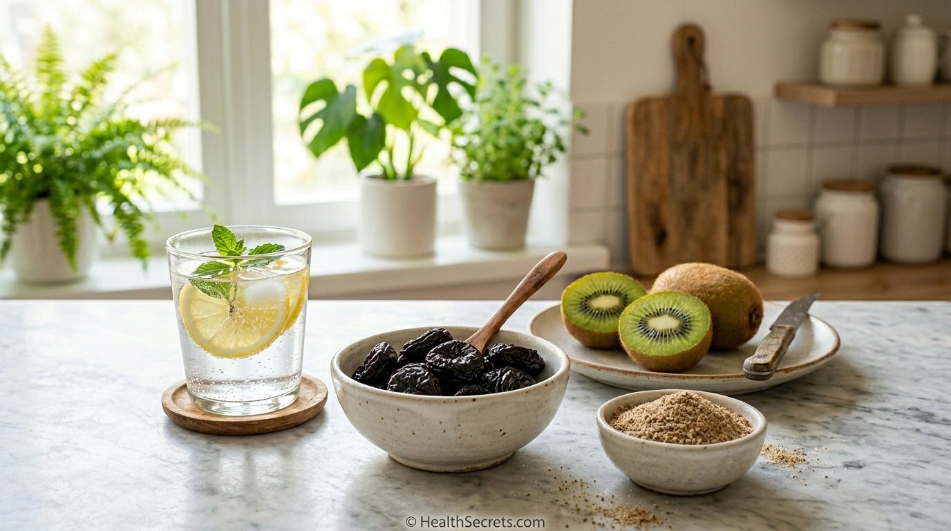 Natural constipation relief foods including water with lemon, prunes, flaxseeds, and kiwifruit on a kitchen counter