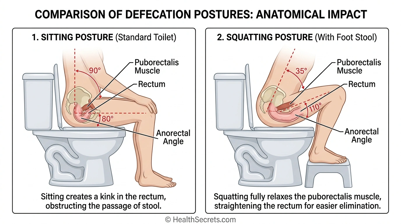 Anatomical comparison of sitting versus squatting toilet posture showing how a Squatty Potty straightens the anorectal angle