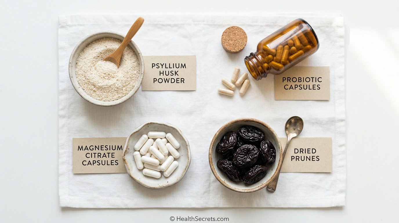 Natural constipation relief supplements including psyllium husk, magnesium, and probiotics arranged on a white surface