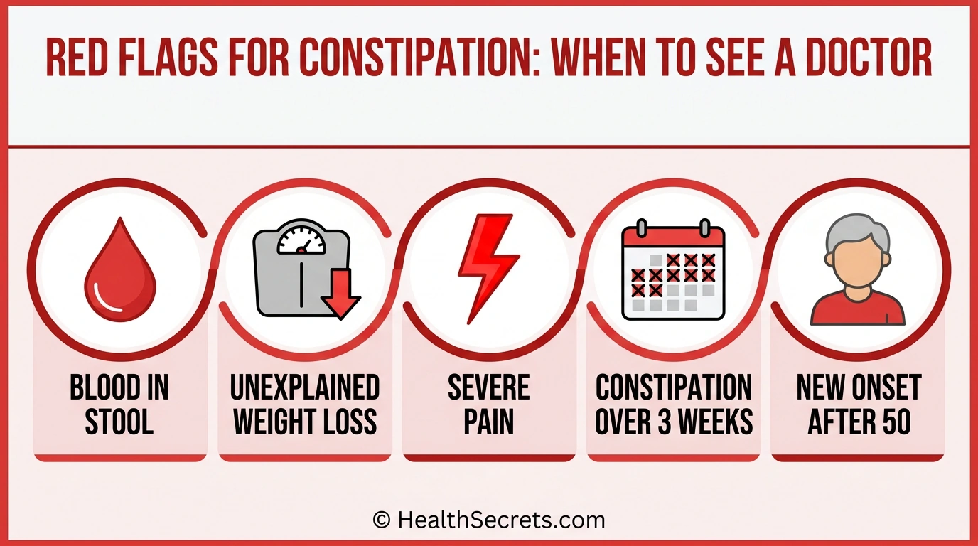 Warning signs infographic showing when to see a doctor for constipation including blood in stool, weight loss, and severe pain