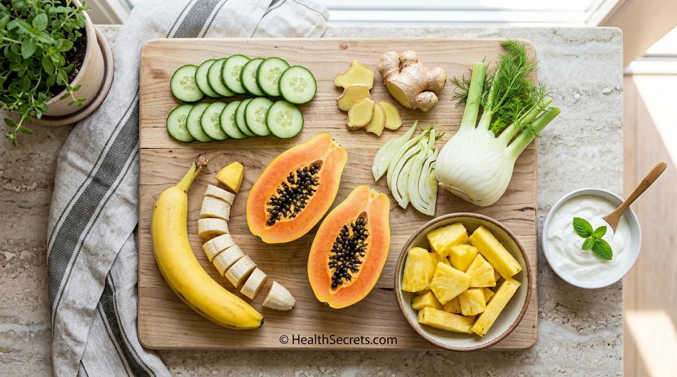 Anti-bloating foods including cucumber, ginger, fennel, banana, papaya, pineapple, and yogurt