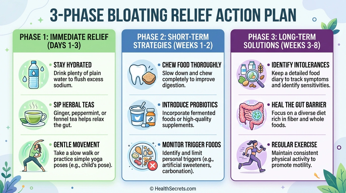 Three-phase natural bloating relief action plan infographic showing immediate, short-term, and long-term strategies