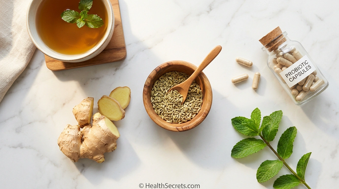 Natural bloating relief remedies including peppermint tea, ginger root, fennel seeds, and probiotic supplements arranged on a white surface