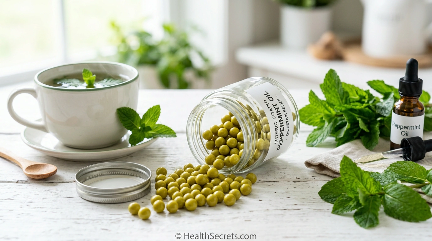 Enteric-coated peppermint oil capsules and peppermint tea for natural bloating relief