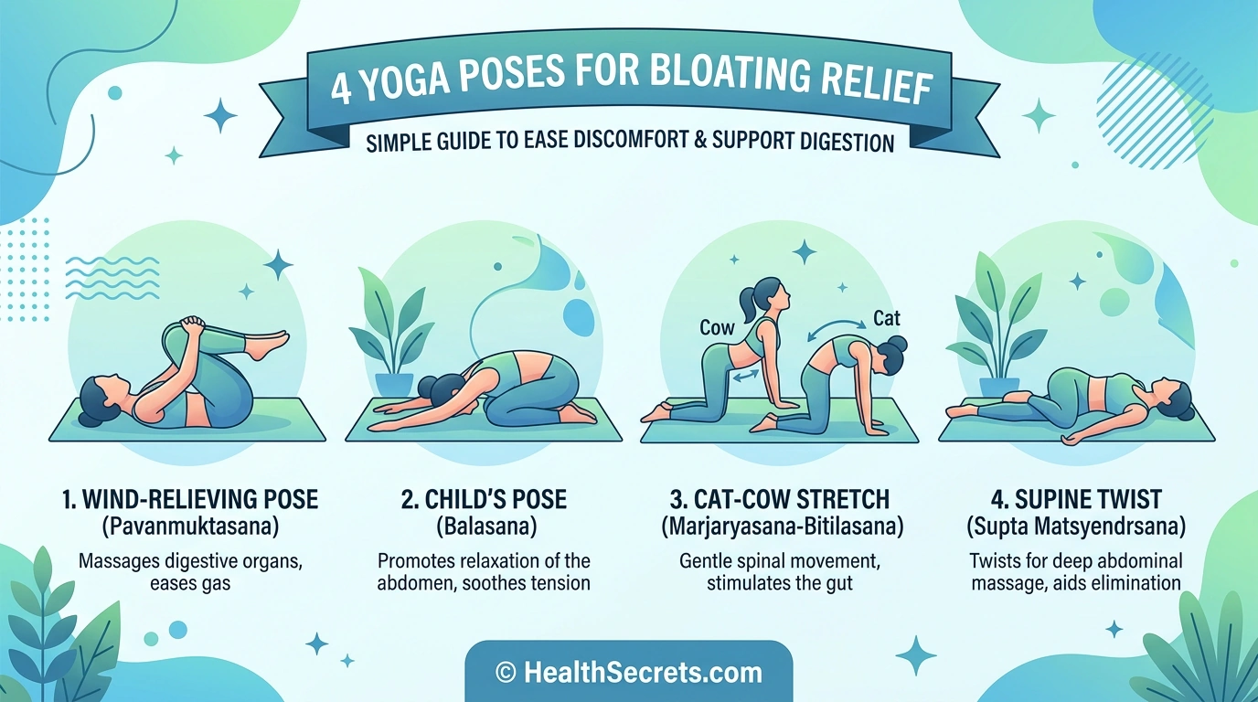 Four yoga poses for bloating relief: Wind-Relieving Pose, Child's Pose, Cat-Cow, and Supine Twist