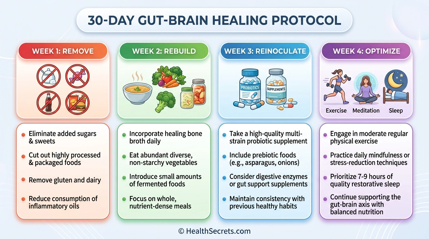 Four-week gut-brain healing protocol timeline showing Remove, Rebuild, Reinoculate, and Optimize phases with key actions for each week