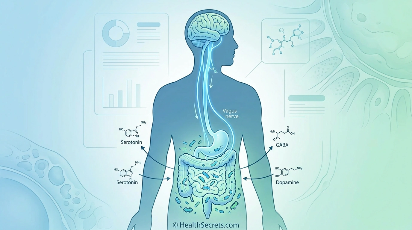 Gut-brain axis illustration showing bidirectional communication between the intestines and brain through the vagus nerve, neurotransmitters, and immune pathways