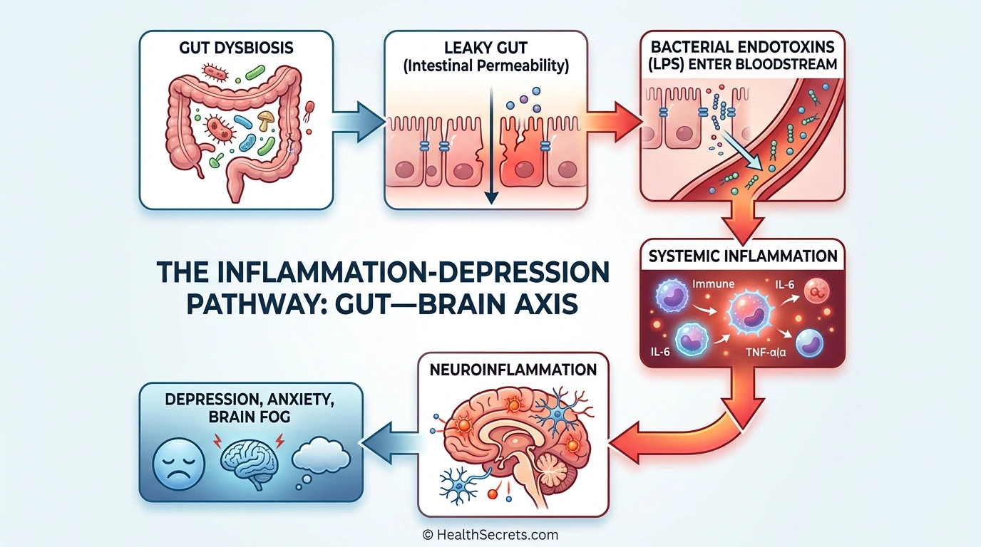 Flowchart illustrating how gut dysbiosis leads to leaky gut, systemic inflammation, neuroinflammation, and ultimately depression and anxiety