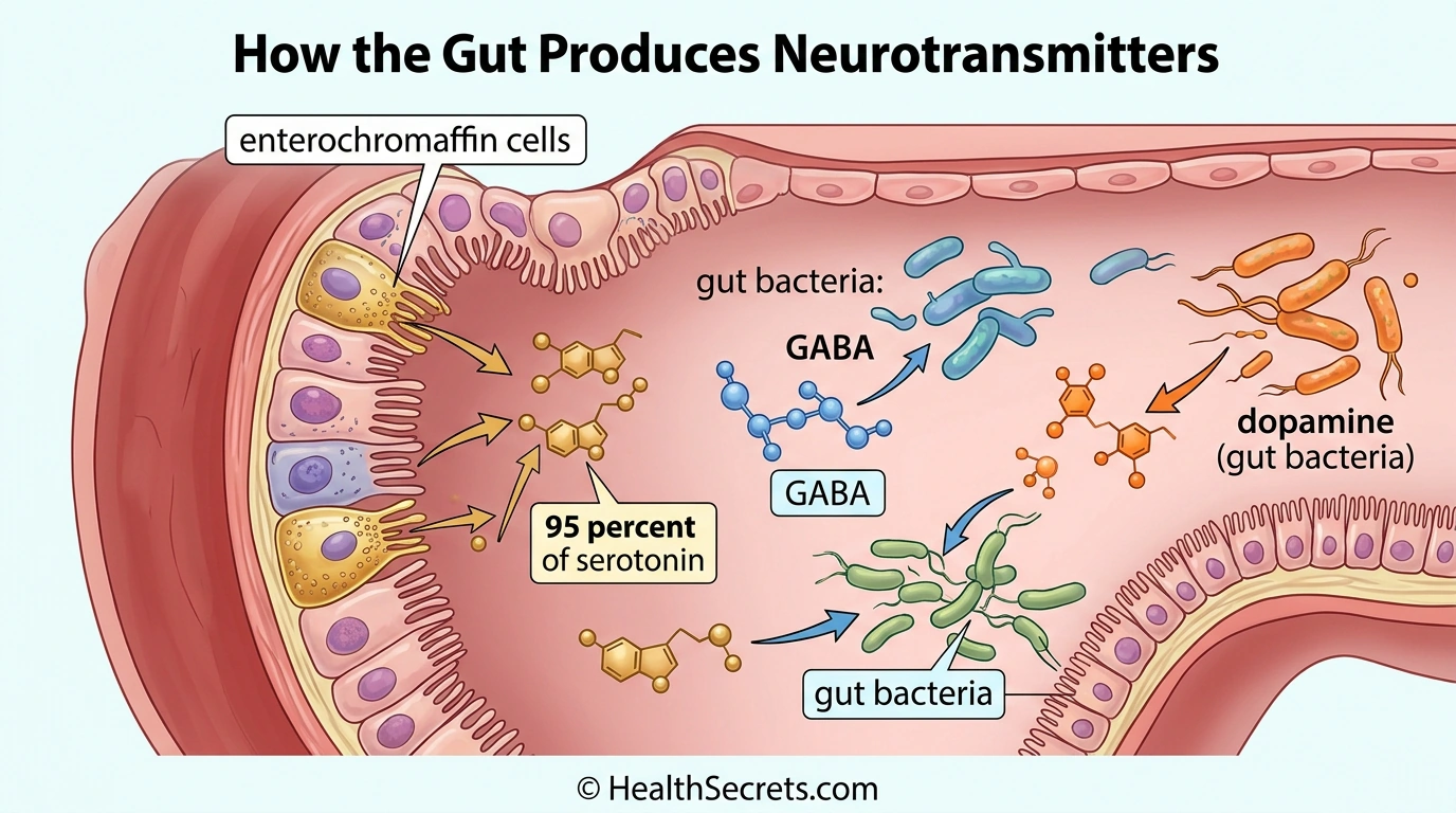 Infographic showing how gut bacteria and intestinal cells produce serotonin, GABA, and dopamine neurotransmitters