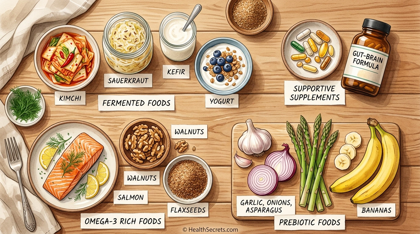 Overhead view of gut-brain supportive foods including fermented foods, omega-3 sources, prebiotic vegetables, and psychobiotic supplement capsules