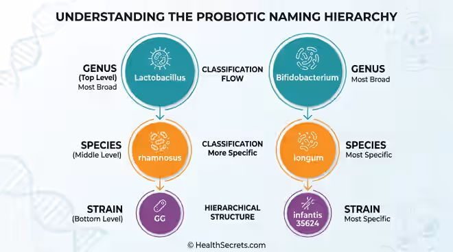 Probiotic taxonomy hierarchy infographic showing Genus, Species, and Strain levels with examples of Lactobacillus rhamnosus GG and Bifidobacterium longum infantis 35624