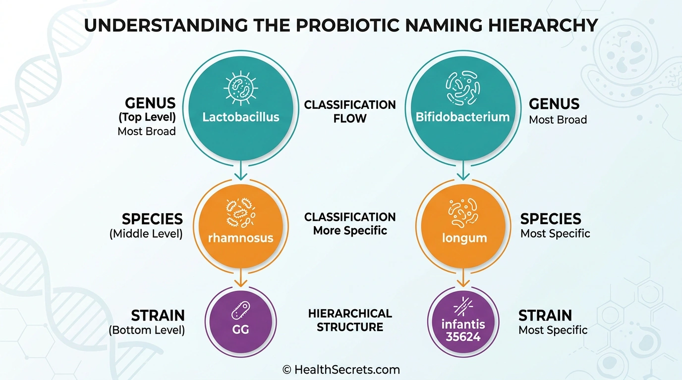Probiotic taxonomy hierarchy infographic showing Genus, Species, and Strain levels with examples of Lactobacillus rhamnosus GG and Bifidobacterium longum infantis 35624