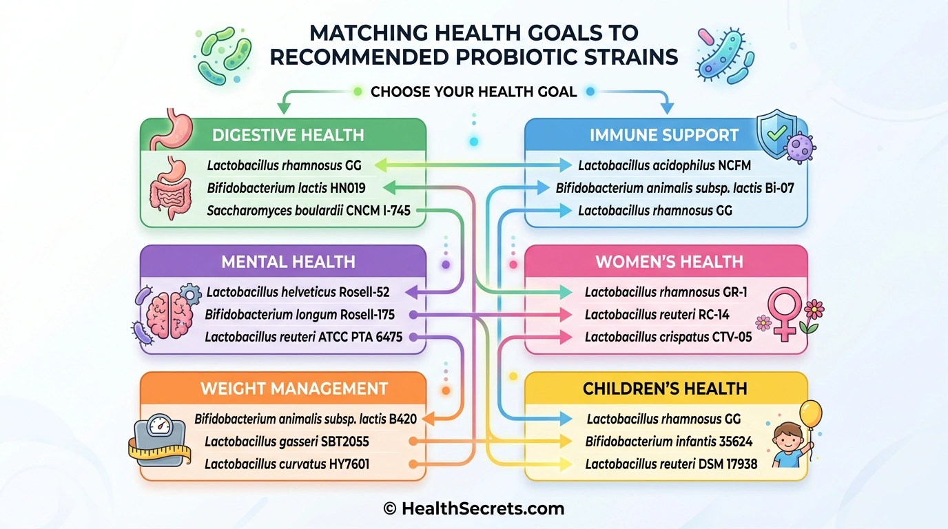 Decision tree infographic matching health goals to recommended probiotic strains across digestive, immune, mental health, women's health, and weight management categories