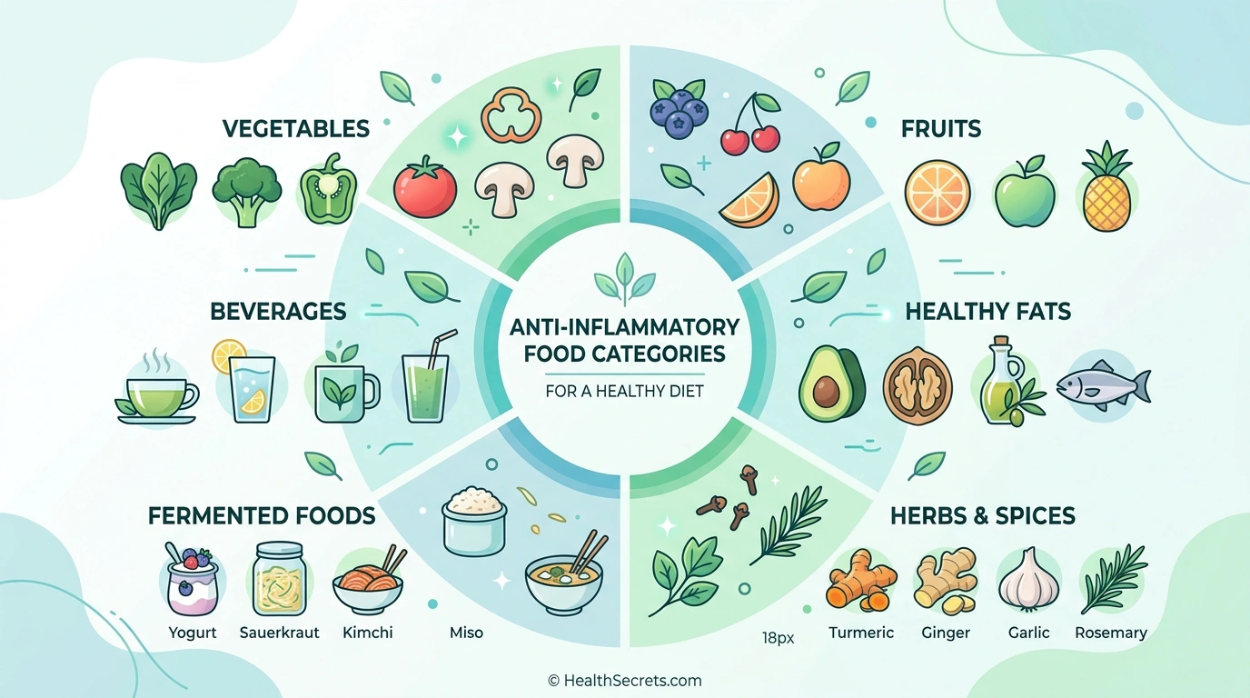 Infographic showing six categories of anti-inflammatory foods for gut health with examples from each group