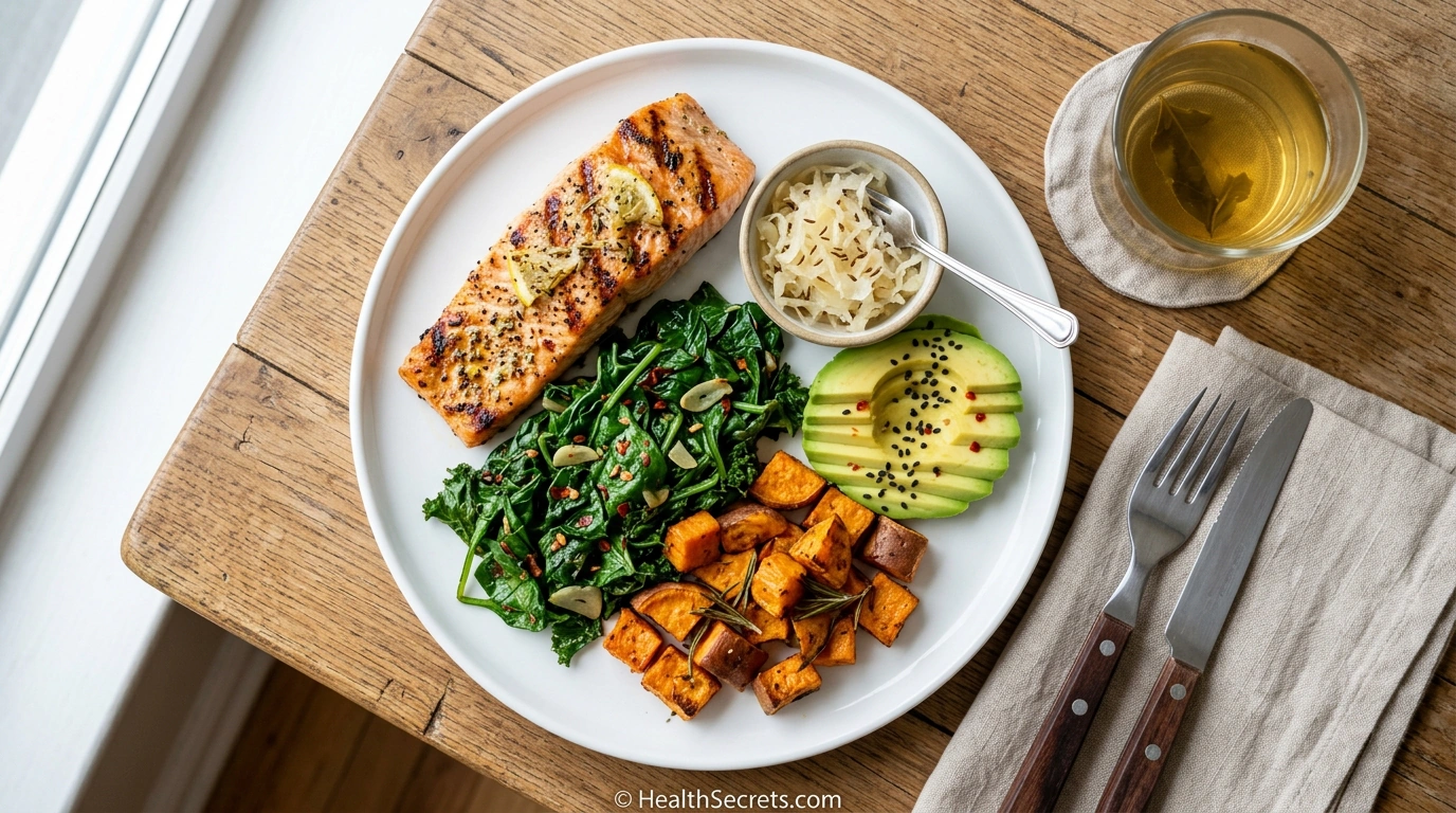 Complete anti-inflammatory meal plate with salmon leafy greens sweet potato avocado and fermented foods for gut health