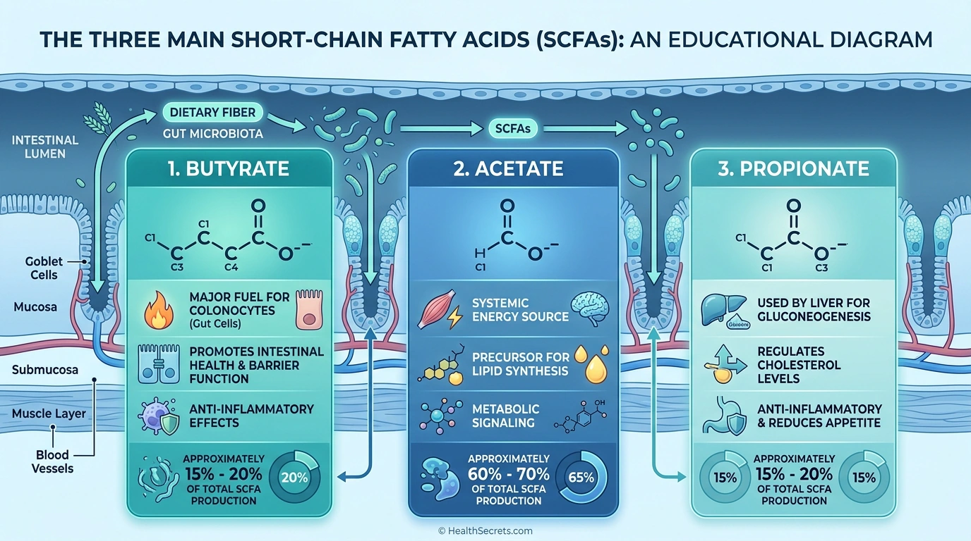 Colorful spread of 30 anti-inflammatory foods for gut health including salmon, turmeric, blueberries, leafy greens, olive oil, and fermented foods on a wooden surface
