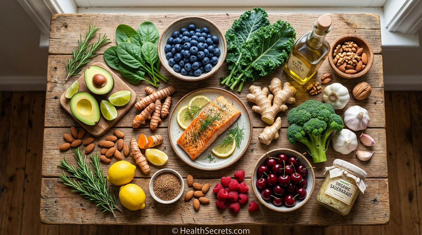 Fresh leafy greens including spinach kale and Swiss chard that are anti-inflammatory for gut health