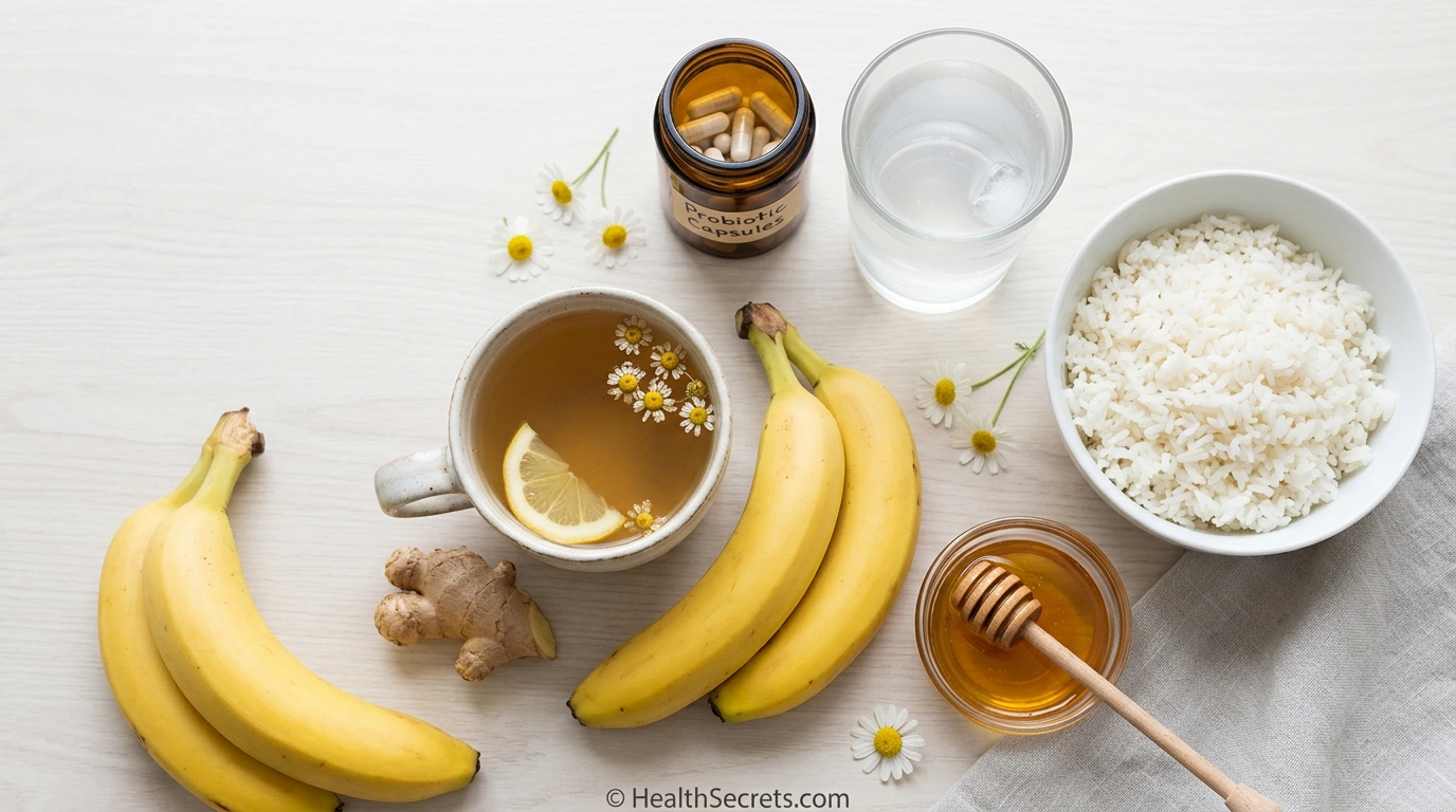 Natural remedies for diarrhea including ginger tea bananas white rice probiotics and coconut water arranged on a wooden surface