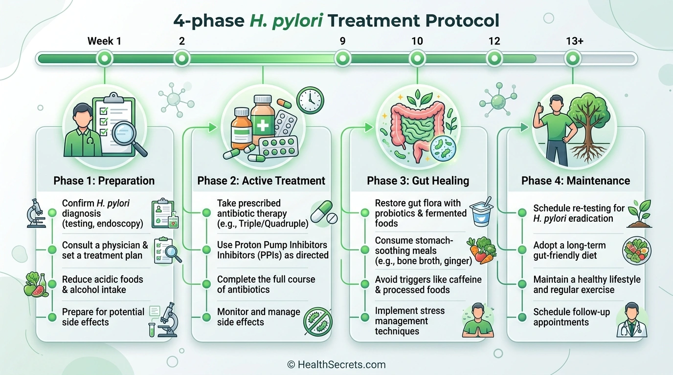 Foods to eat and foods to avoid during H. pylori treatment including broccoli sprouts, fermented foods, and anti-inflammatory options