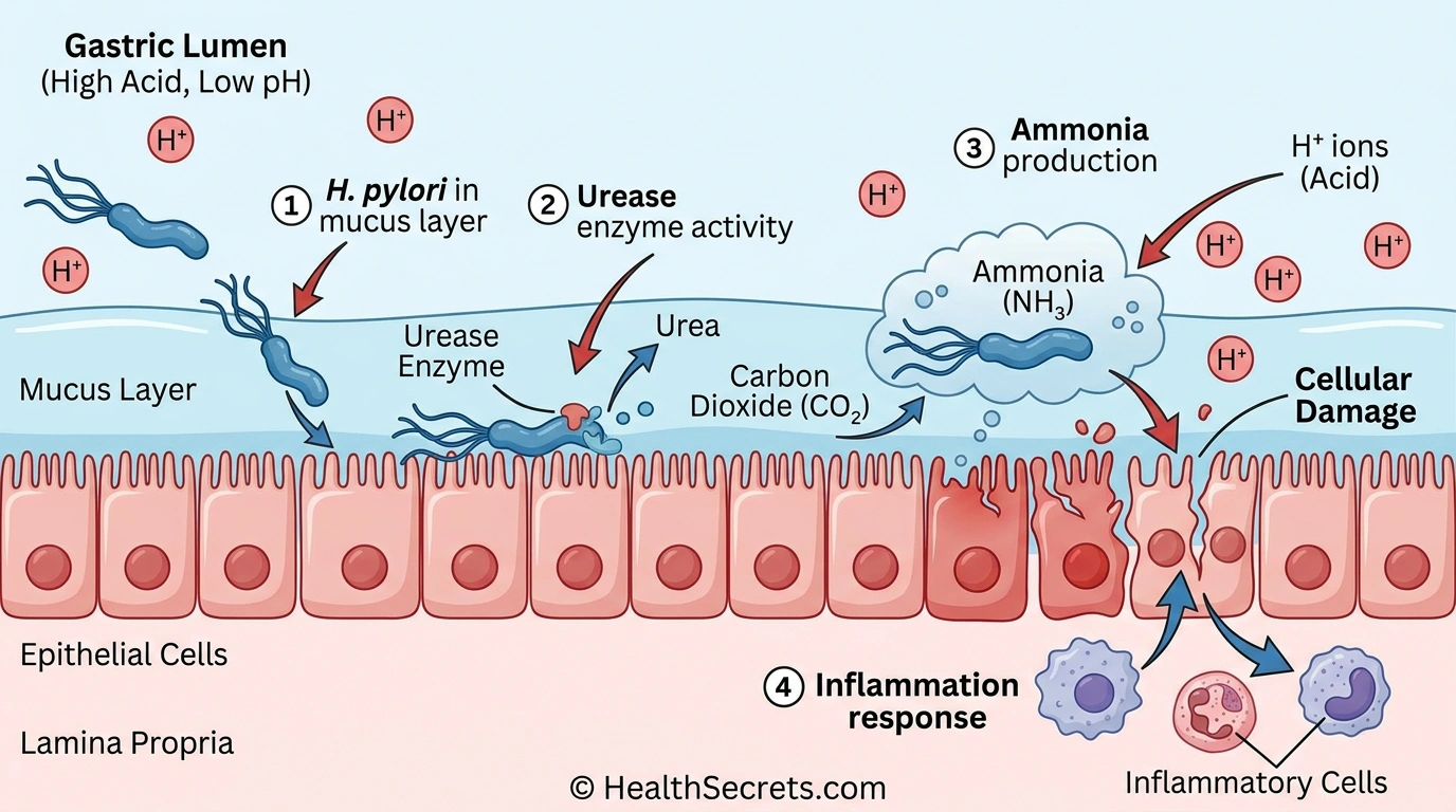Medical diagram showing how H. pylori bacteria damages the stomach lining through urease production and ammonia generation