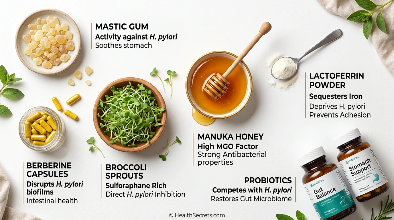 Timeline infographic showing the four phases of H. pylori natural treatment protocol spanning 12 weeks