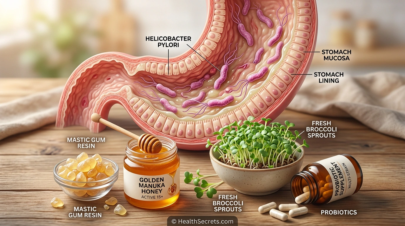 Illustration of Helicobacter pylori bacteria in the stomach alongside natural treatment options including mastic gum, manuka honey, and broccoli sprouts