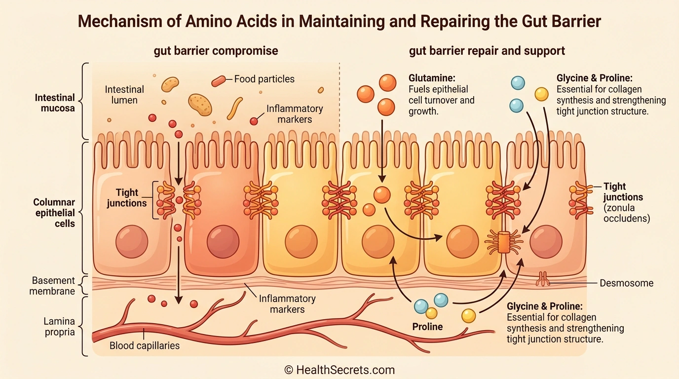 Scientific illustration of glycine proline and glutamine amino acids repairing intestinal lining tight junctions