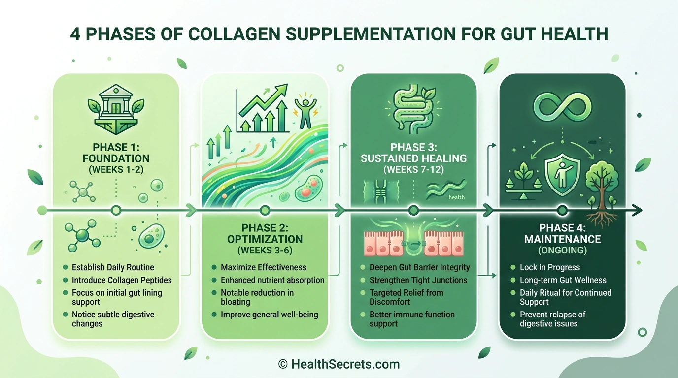 Four-phase collagen supplementation timeline for gut health from foundation to maintenance