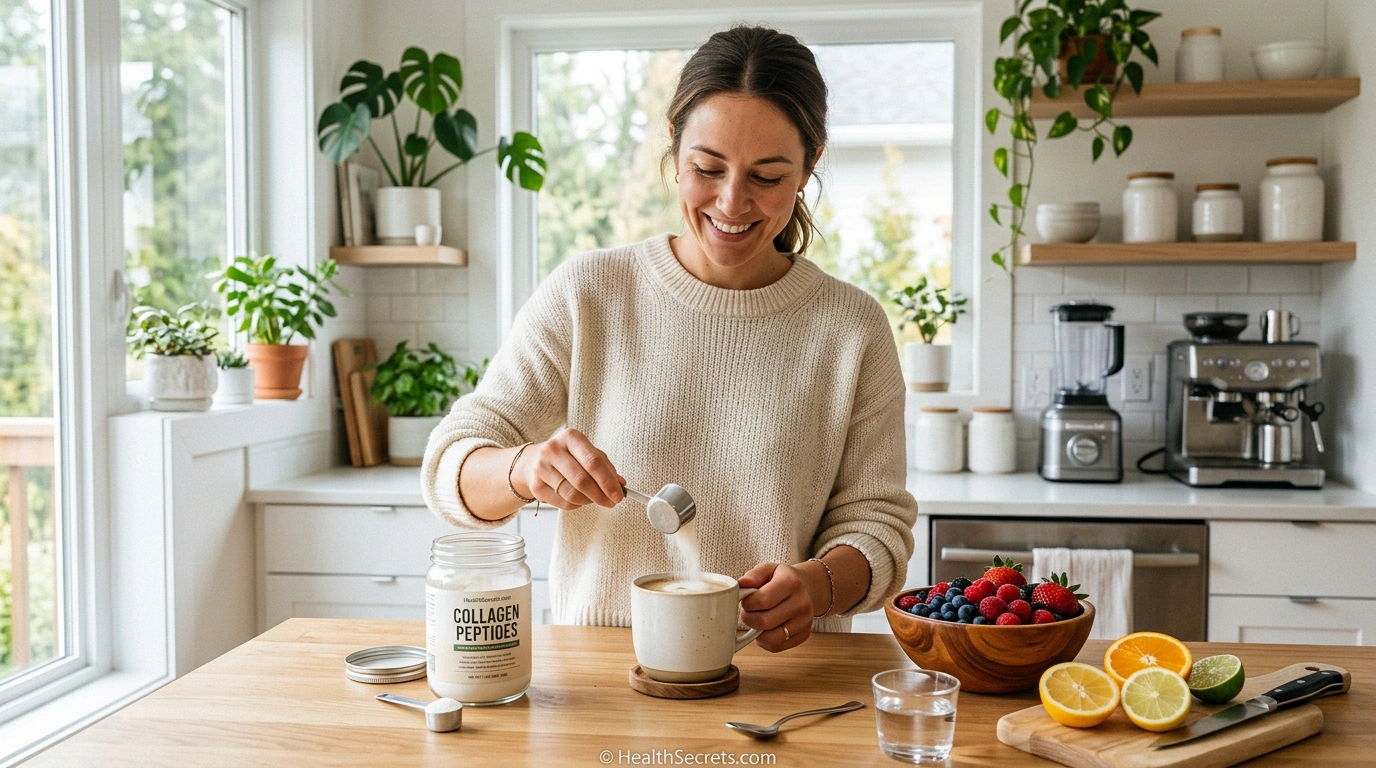 Person adding collagen powder to morning coffee with vitamin C rich fruits for gut health
