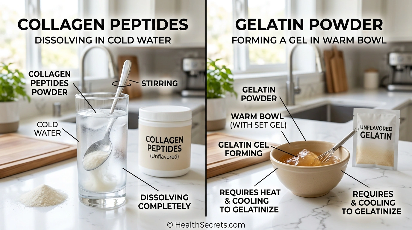 Comparison of collagen peptides dissolving in cold water versus gelatin forming gel in warm liquid