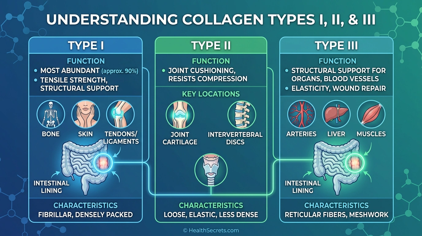 Infographic comparing collagen types I II and III for gut health showing intestinal lining support
