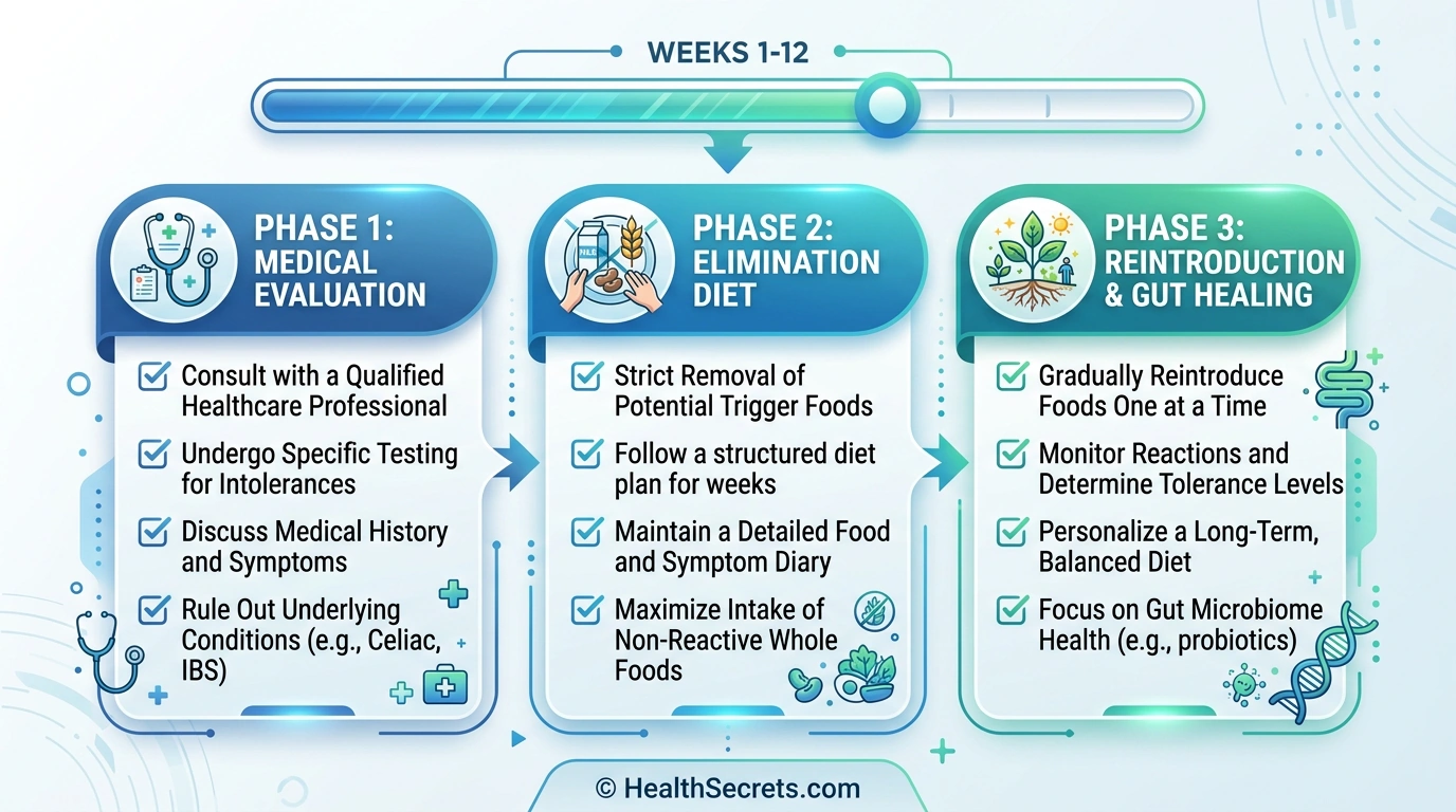 Three-phase action plan infographic for identifying and managing food intolerances including medical evaluation elimination diet and gut healing