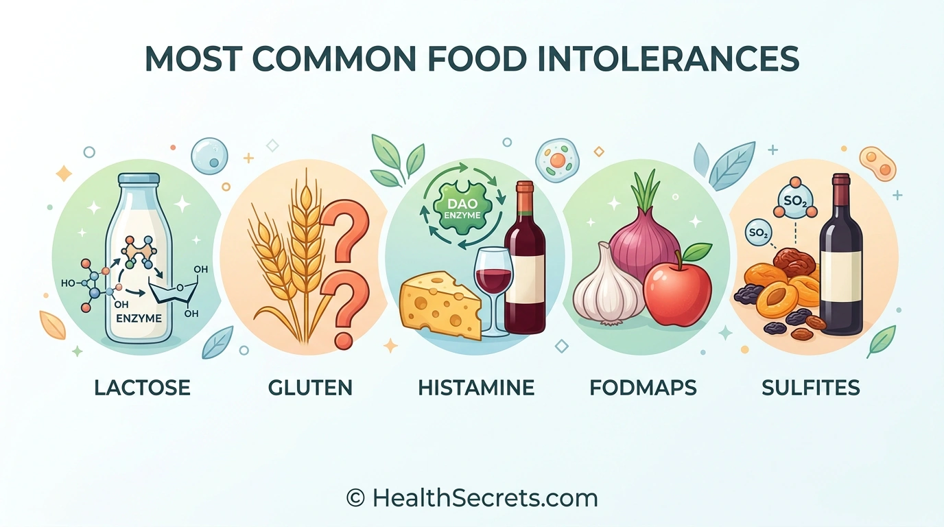 Illustrated icons of the five most common food intolerances including lactose, gluten, histamine, FODMAPs, and sulfites