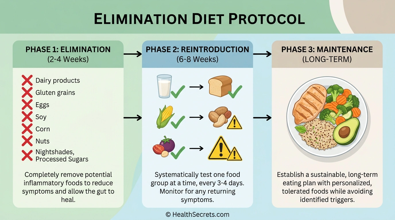 Step-by-step elimination diet protocol flowchart showing three phases elimination reintroduction and maintenance