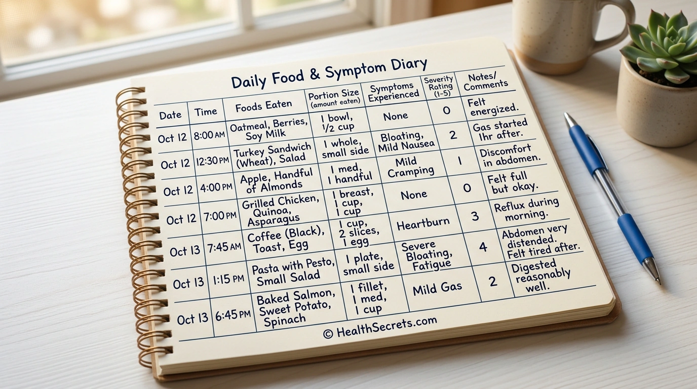 Example food and symptom tracking diary template with columns for meals symptoms and severity ratings