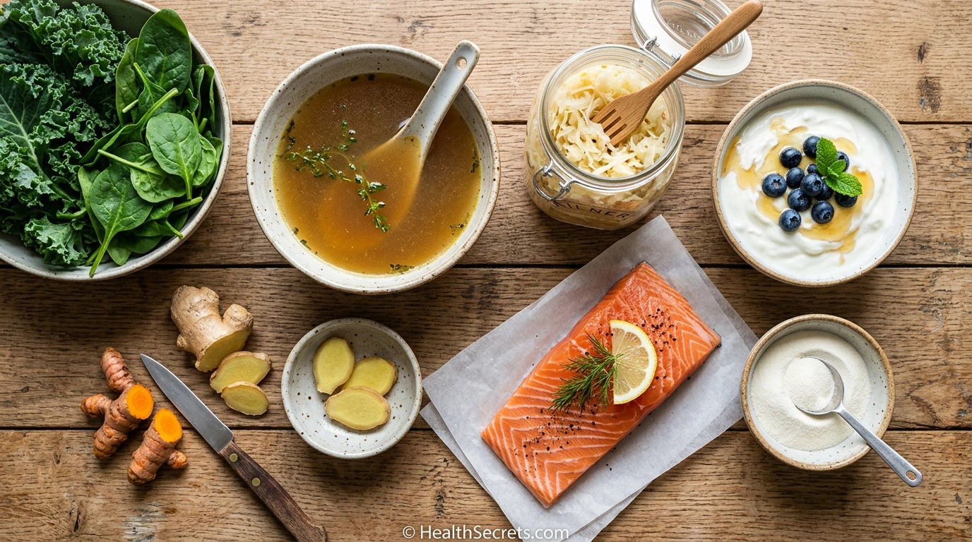 Flat-lay arrangement of gut-healing foods including bone broth fermented vegetables ginger turmeric and salmon for managing food intolerances