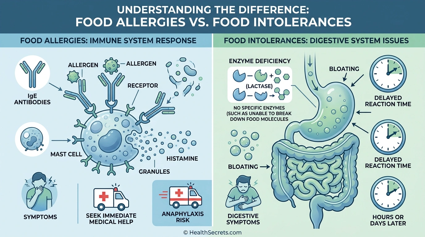Visual comparison infographic showing food allergy IgE immune response versus food intolerance digestive enzyme deficiency pathways