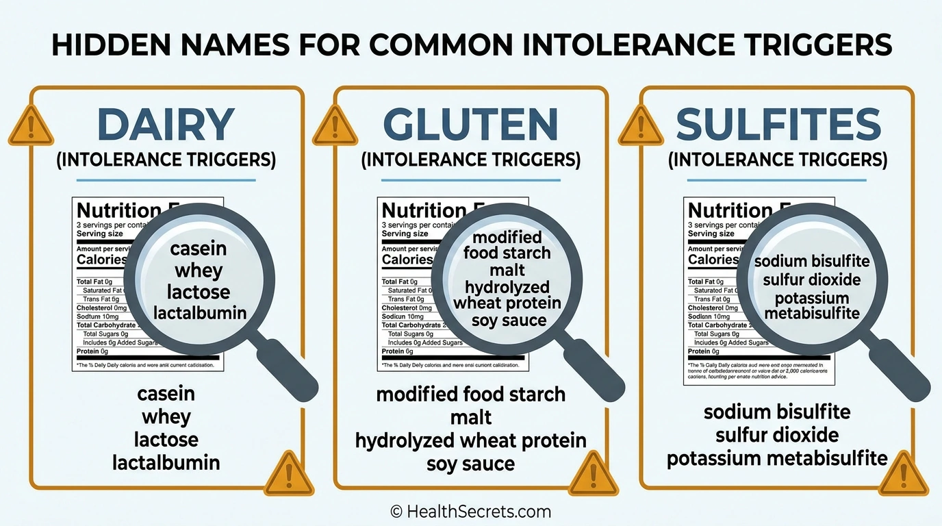Infographic showing hidden ingredient names for dairy gluten and sulfites commonly found on food labels